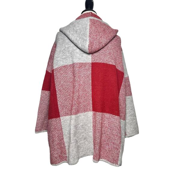 NVLT | Women | Red Gray Hooded Oversized Plaid Hooded Cardigan | Size Small - Picture 2 of 9